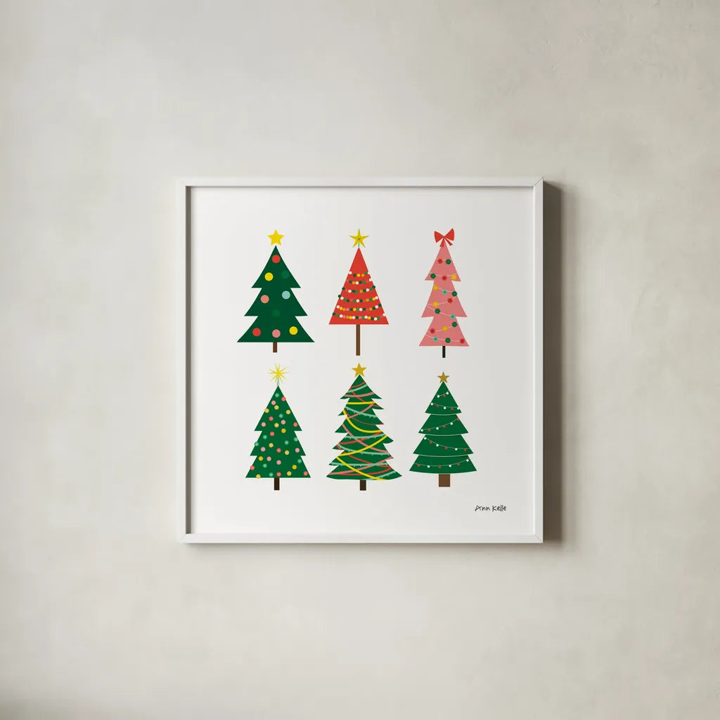 Christmas Trees by Ann Kelle. Shown in a crisp white glass frame for a clean and minimalist style. Available as an archival giclee rolled canvas, fine art paper, or poster print. SKU 81228a.