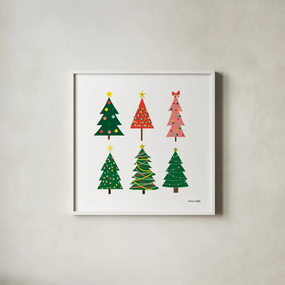Christmas Trees by Ann Kelle. Shown in a crisp white glass frame for a clean and minimalist style. Available as an archival giclee rolled canvas, fine art paper, or poster print. SKU 81228a.