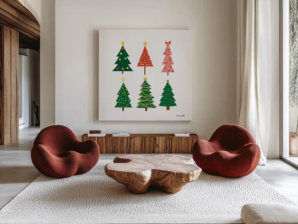 Christmas Trees by Ann Kelle. Shown as extra-large giant wall art in a modern living room. Available as an archival giclee rolled canvas, fine art paper, or poster print. SKU 81228a.