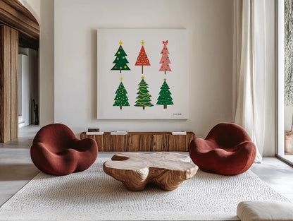 Christmas Trees by Ann Kelle. Shown as extra-large giant wall art in a modern living room. Available as an archival giclee rolled canvas, fine art paper, or poster print. SKU 81228a.