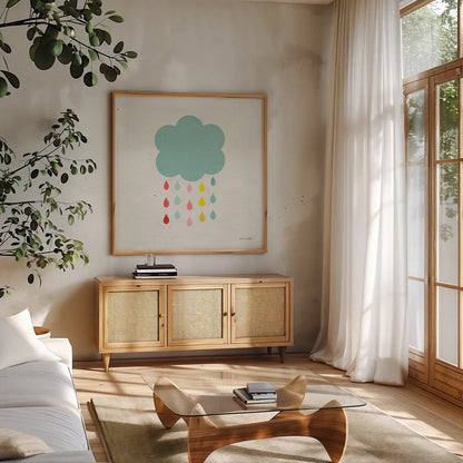 Cloud I by Ann Kelle. Shown in a natural wood frame in a cozy modern living room. Available as an archival giclee rolled canvas, fine art paper, or poster print. SKU 56502a.