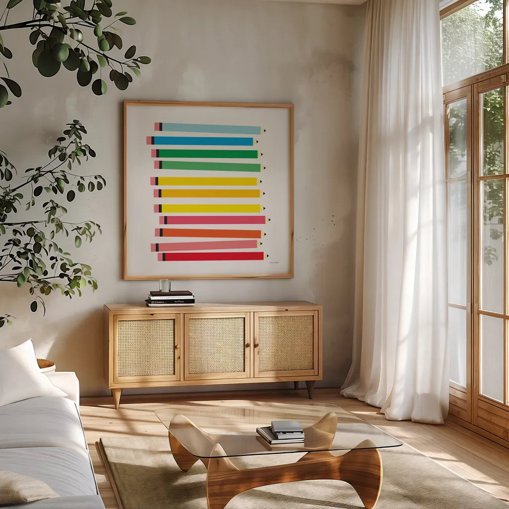 Colored Pencils by Ann Kelle. Shown in a natural wood frame in a cozy modern living room. Available as an archival giclee rolled canvas, fine art paper, or poster print. SKU 56426a.