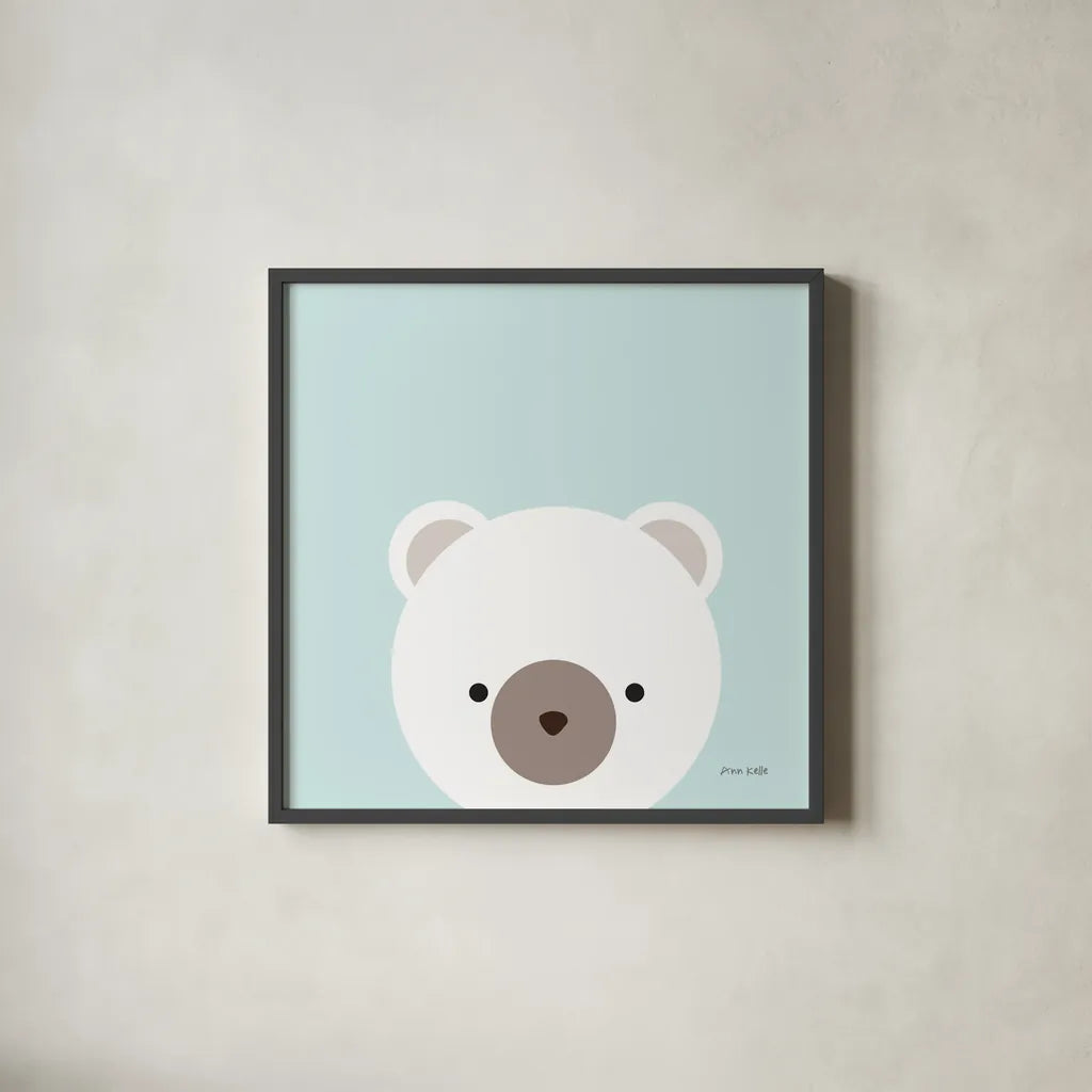 Cuddly Bear by Ann Kelle. Shown in a sleek black glass frame for a contemporary gallery look. Available as an archival giclee rolled canvas, fine art paper, or poster print. SKU 55591a.