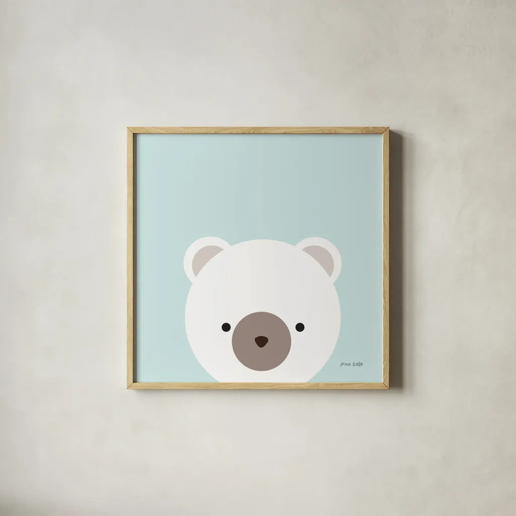 Cuddly Bear by Ann Kelle. Shown in a natural wood glass frame for a timeless modern aesthetic. Available as an archival giclee rolled canvas, fine art paper, or poster print. SKU 55591a.