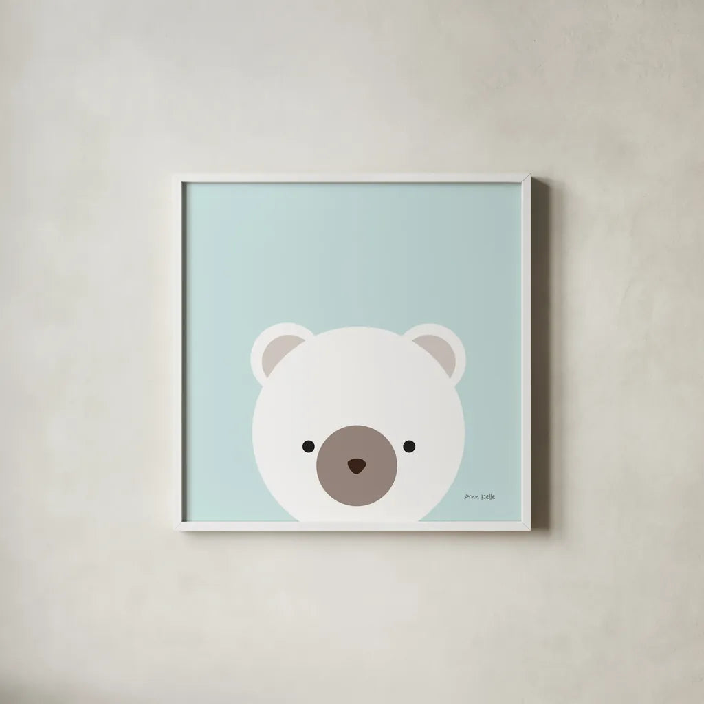 Cuddly Bear by Ann Kelle. Shown in a crisp white glass frame for a clean and minimalist style. Available as an archival giclee rolled canvas, fine art paper, or poster print. SKU 55591a.