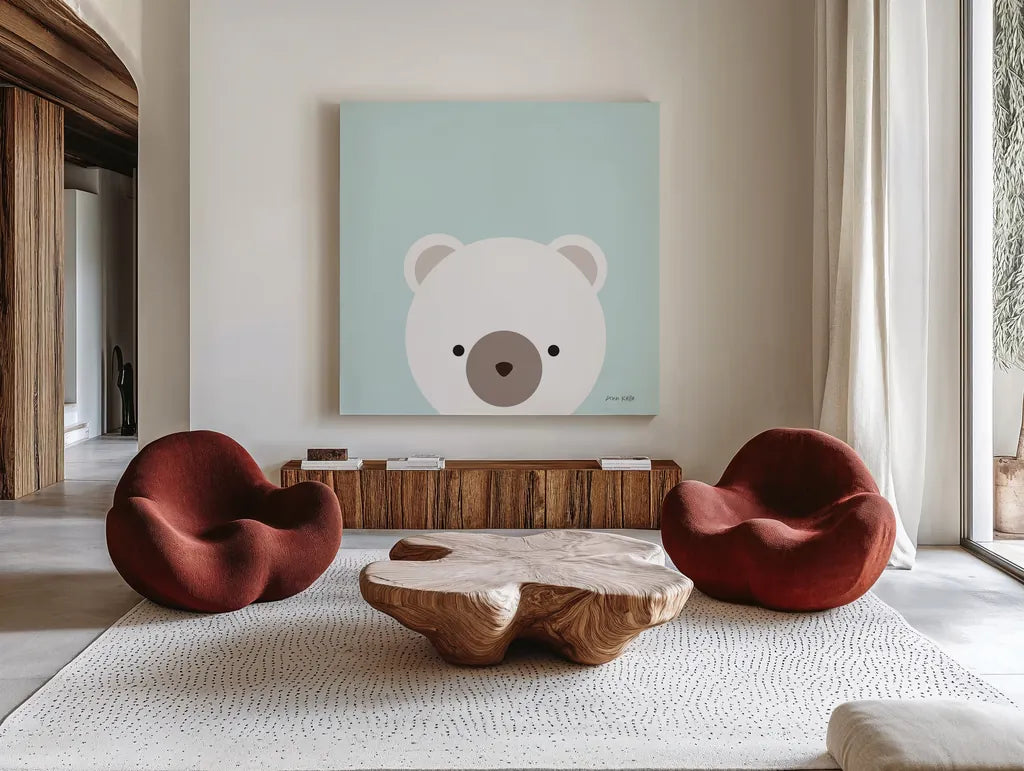 Cuddly Bear by Ann Kelle. Shown as extra-large giant wall art in a modern living room. Available as an archival giclee rolled canvas, fine art paper, or poster print. SKU 55591a.