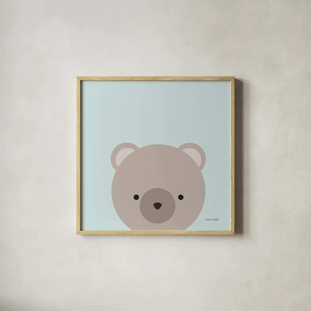 Cuddly Brown Bear by Ann Kelle. Shown in a natural wood glass frame for a timeless modern aesthetic. Available as an archival giclee rolled canvas, fine art paper, or poster print. SKU 62024a.