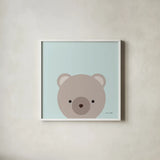 Cuddly Brown Bear by Ann Kelle. Shown in a crisp white glass frame for a clean and minimalist style. Available as an archival giclee rolled canvas, fine art paper, or poster print. SKU 62024a.