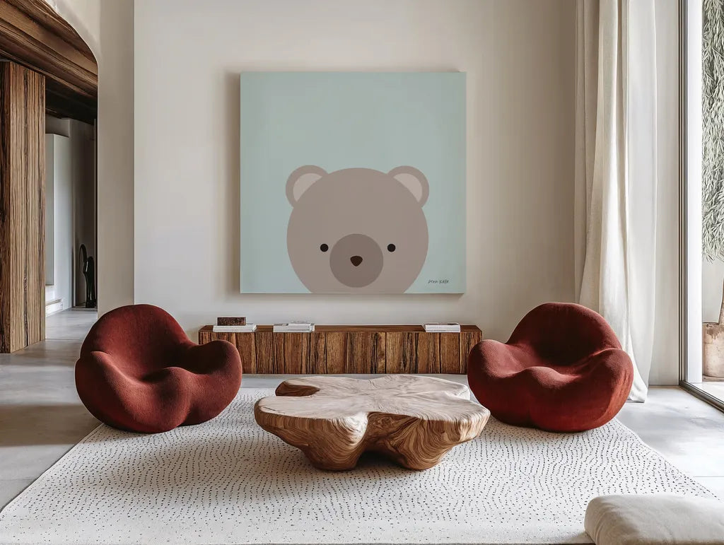Cuddly Brown Bear by Ann Kelle. Shown as extra-large giant wall art in a modern living room. Available as an archival giclee rolled canvas, fine art paper, or poster print. SKU 62024a.