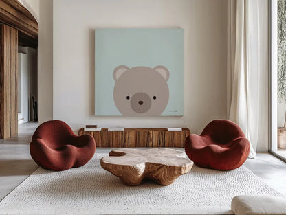 Cuddly Brown Bear by Ann Kelle. Shown as extra-large giant wall art in a modern living room. Available as an archival giclee rolled canvas, fine art paper, or poster print. SKU 62024a.