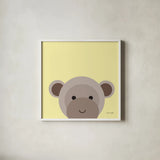 Cuddly Brown Monkey by Ann Kelle. Shown in a crisp white glass frame for a clean and minimalist style. Available as an archival giclee rolled canvas, fine art paper, or poster print. SKU 62027a.