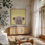 Cuddly Brown Monkey by Ann Kelle. Shown in a natural wood frame in a cozy modern living room. Available as an archival giclee rolled canvas, fine art paper, or poster print. SKU 62027a.