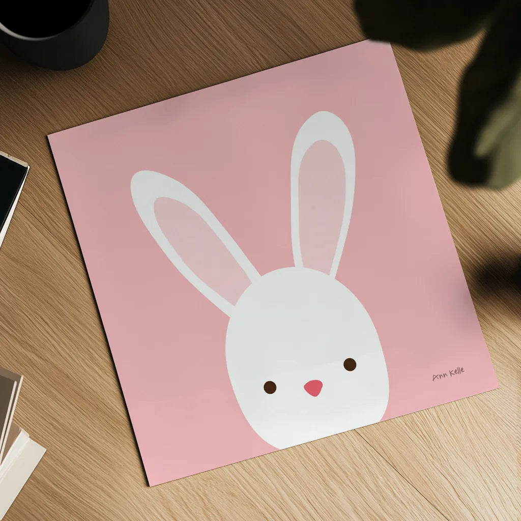 Cuddly Bunny by Ann Kelle. Shown as a detailed flat fine art print, highlighting archival giclee quality. Available as an archival giclee rolled canvas, fine art paper, or poster print. SKU 55590a.