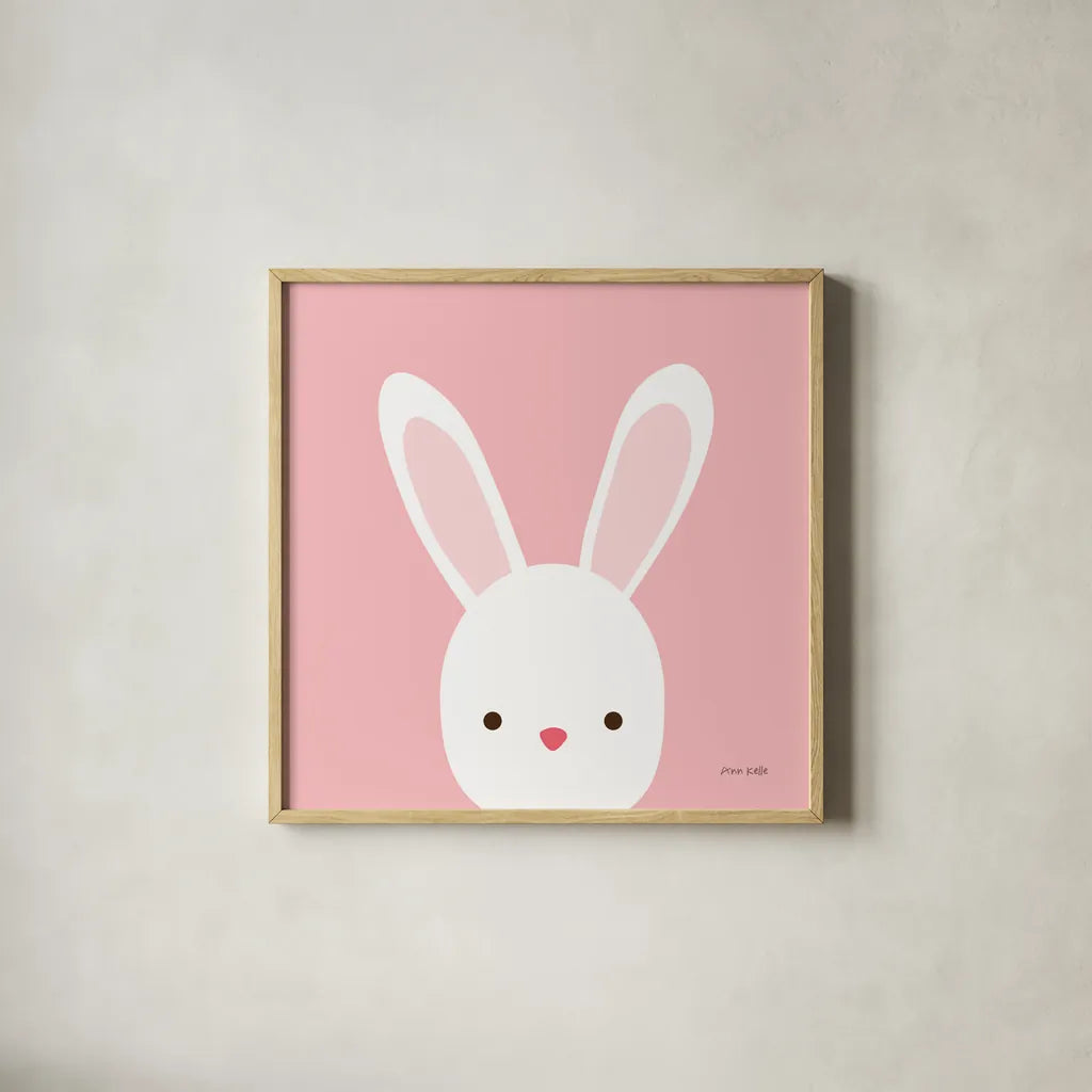 Cuddly Bunny by Ann Kelle. Shown in a natural wood glass frame for a timeless modern aesthetic. Available as an archival giclee rolled canvas, fine art paper, or poster print. SKU 55590a.