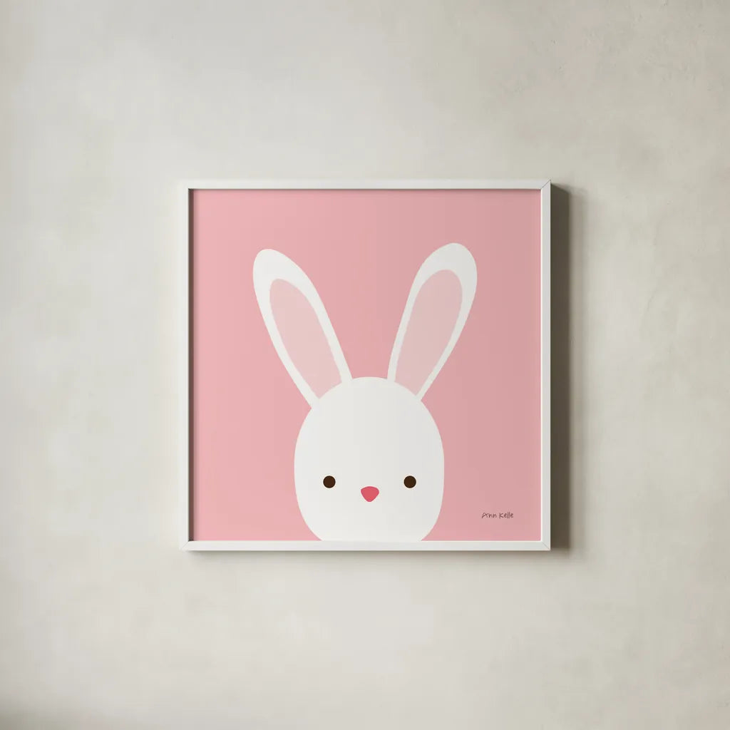 Cuddly Bunny by Ann Kelle. Shown in a crisp white glass frame for a clean and minimalist style. Available as an archival giclee rolled canvas, fine art paper, or poster print. SKU 55590a.