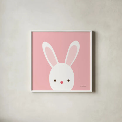 Cuddly Bunny by Ann Kelle. Shown in a crisp white glass frame for a clean and minimalist style. Available as an archival giclee rolled canvas, fine art paper, or poster print. SKU 55590a.