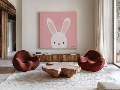 Cuddly Bunny by Ann Kelle. Shown as extra-large giant wall art in a modern living room. Available as an archival giclee rolled canvas, fine art paper, or poster print. SKU 55590a.