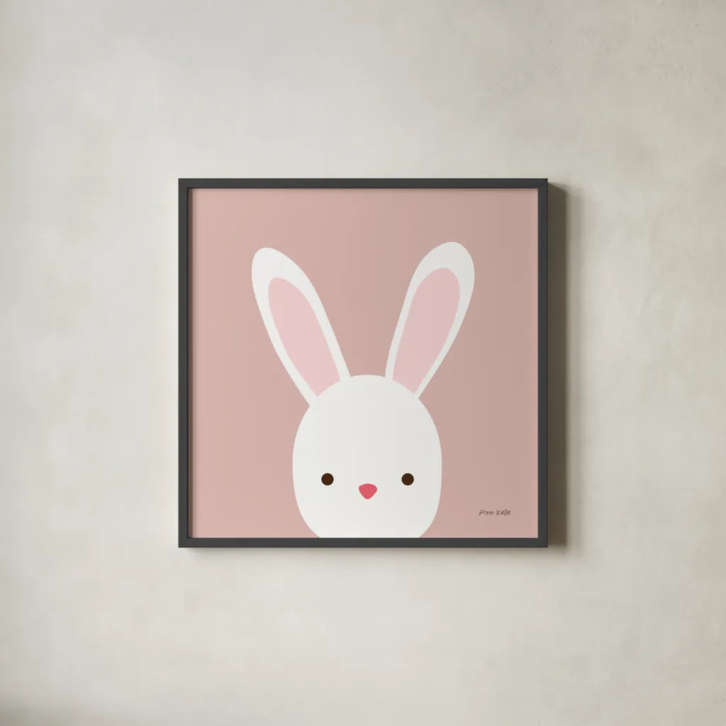 Cuddly Bunny Soft Pink by Ann Kelle. Shown in a sleek black glass frame for a contemporary gallery look. Available as an archival giclee rolled canvas, fine art paper, or poster print. SKU 62025a.