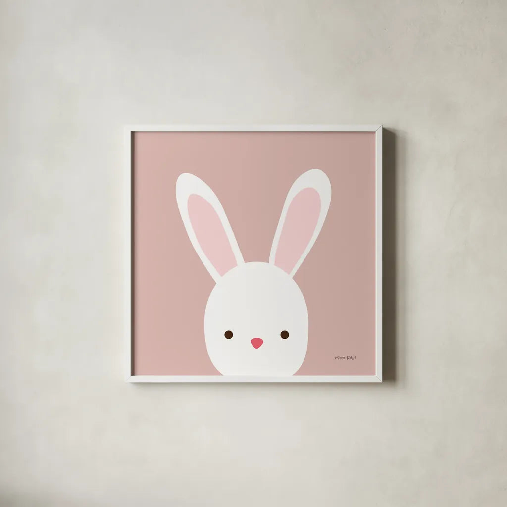 Cuddly Bunny Soft Pink by Ann Kelle. Shown in a crisp white glass frame for a clean and minimalist style. Available as an archival giclee rolled canvas, fine art paper, or poster print. SKU 62025a.