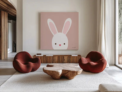 Cuddly Bunny Soft Pink by Ann Kelle. Shown as extra-large giant wall art in a modern living room. Available as an archival giclee rolled canvas, fine art paper, or poster print. SKU 62025a.