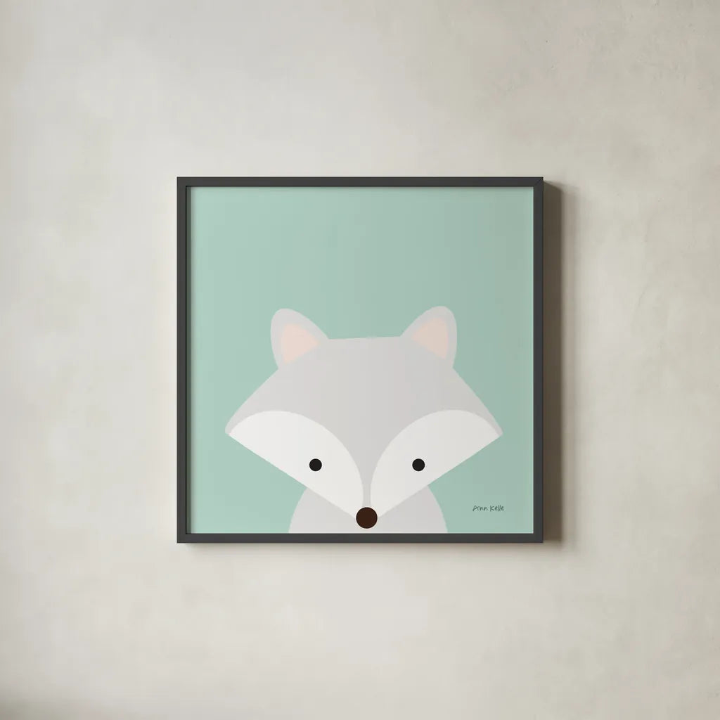 Cuddly Fox by Ann Kelle. Shown in a sleek black glass frame for a contemporary gallery look. Available as an archival giclee rolled canvas, fine art paper, or poster print. SKU 55592a.