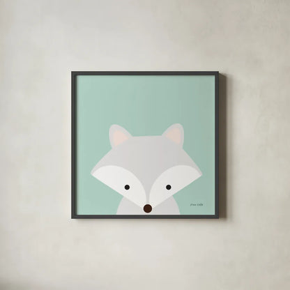 Cuddly Fox by Ann Kelle. Shown in a sleek black glass frame for a contemporary gallery look. Available as an archival giclee rolled canvas, fine art paper, or poster print. SKU 55592a.