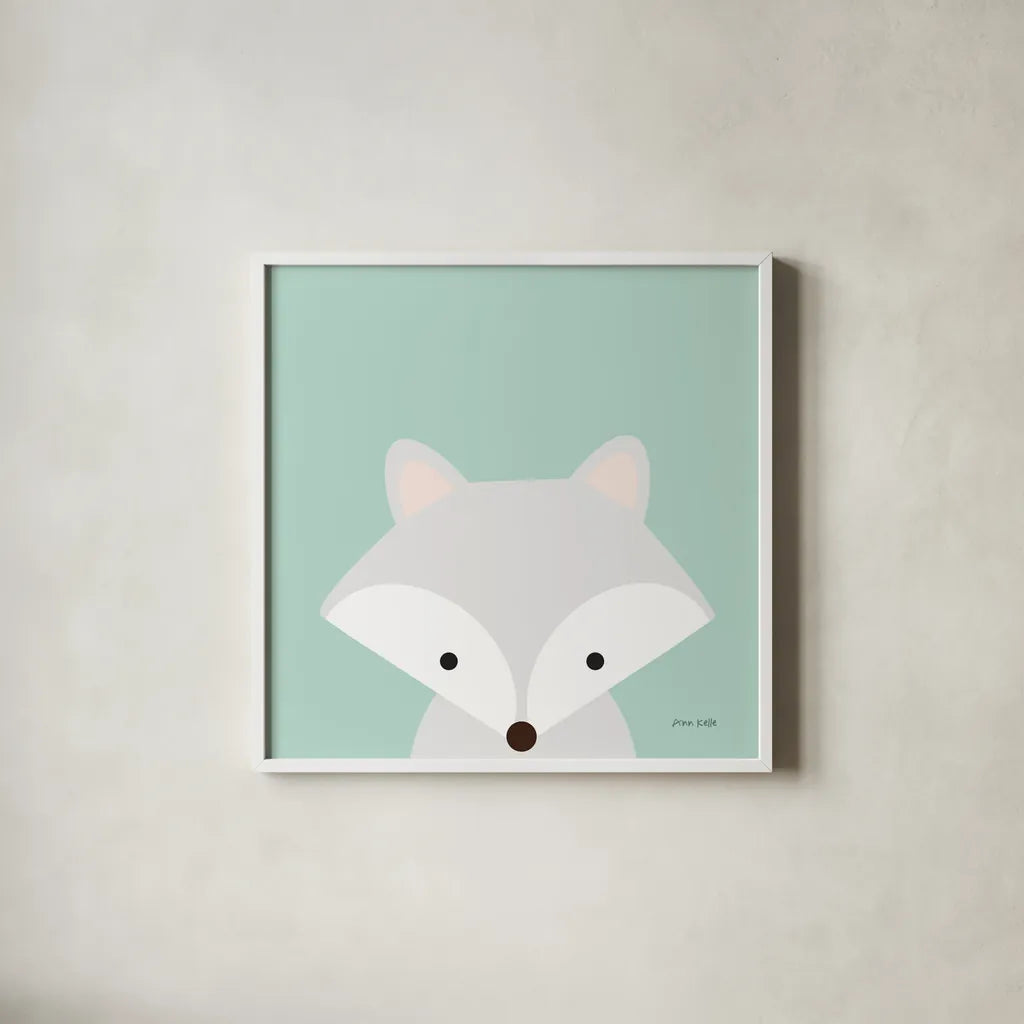 Cuddly Fox by Ann Kelle. Shown in a crisp white glass frame for a clean and minimalist style. Available as an archival giclee rolled canvas, fine art paper, or poster print. SKU 55592a.