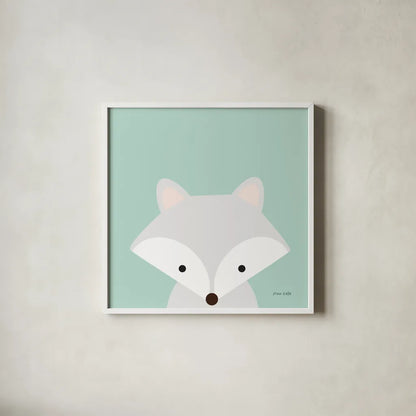 Cuddly Fox by Ann Kelle. Shown in a crisp white glass frame for a clean and minimalist style. Available as an archival giclee rolled canvas, fine art paper, or poster print. SKU 55592a.