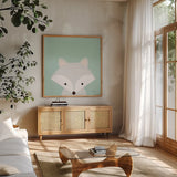 Cuddly Fox by Ann Kelle. Shown in a natural wood frame in a cozy modern living room. Available as an archival giclee rolled canvas, fine art paper, or poster print. SKU 55592a.