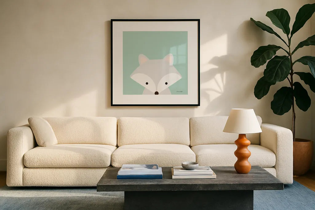 Cuddly Fox by Ann Kelle. Displayed in a glass frame with matte in a clean modern living room. Available as an archival giclee rolled canvas, fine art paper, or poster print. SKU 55592a.