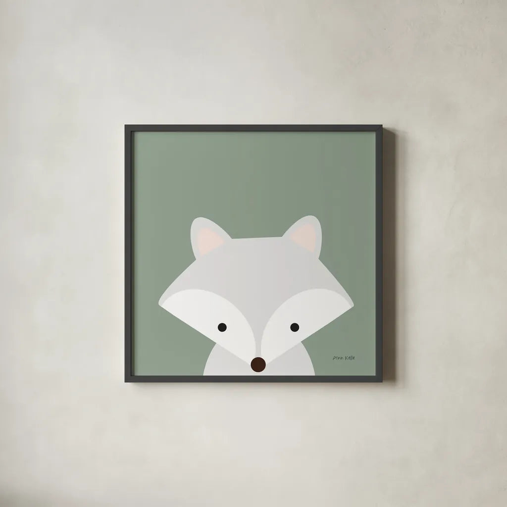 Cuddly Fox Sage by Ann Kelle. Shown in a sleek black glass frame for a contemporary gallery look. Available as an archival giclee rolled canvas, fine art paper, or poster print. SKU 62026a.