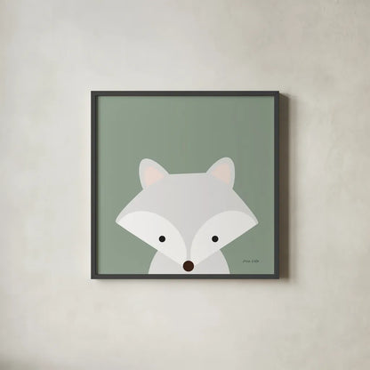Cuddly Fox Sage by Ann Kelle. Shown in a sleek black glass frame for a contemporary gallery look. Available as an archival giclee rolled canvas, fine art paper, or poster print. SKU 62026a.