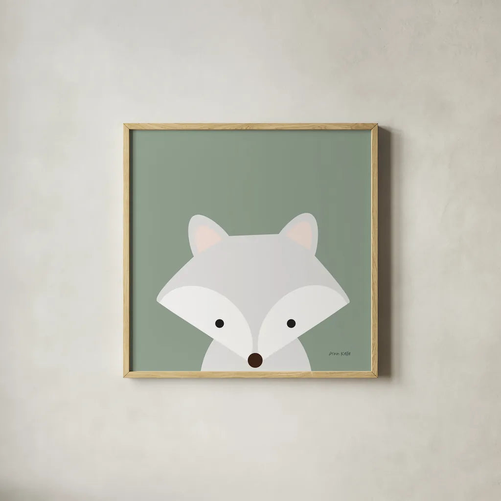Cuddly Fox Sage by Ann Kelle. Shown in a natural wood glass frame for a timeless modern aesthetic. Available as an archival giclee rolled canvas, fine art paper, or poster print. SKU 62026a.