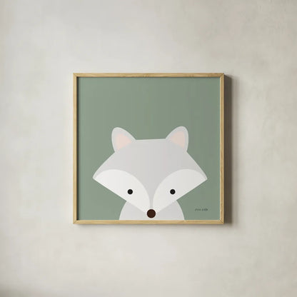 Cuddly Fox Sage by Ann Kelle. Shown in a natural wood glass frame for a timeless modern aesthetic. Available as an archival giclee rolled canvas, fine art paper, or poster print. SKU 62026a.