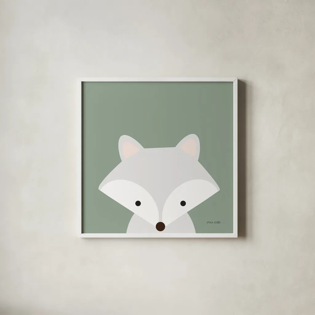 Cuddly Fox Sage by Ann Kelle. Shown in a crisp white glass frame for a clean and minimalist style. Available as an archival giclee rolled canvas, fine art paper, or poster print. SKU 62026a.