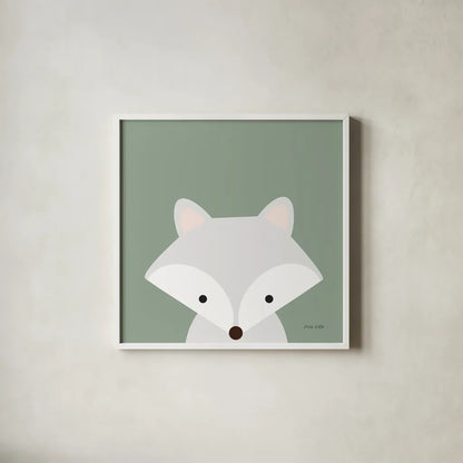 Cuddly Fox Sage by Ann Kelle. Shown in a crisp white glass frame for a clean and minimalist style. Available as an archival giclee rolled canvas, fine art paper, or poster print. SKU 62026a.