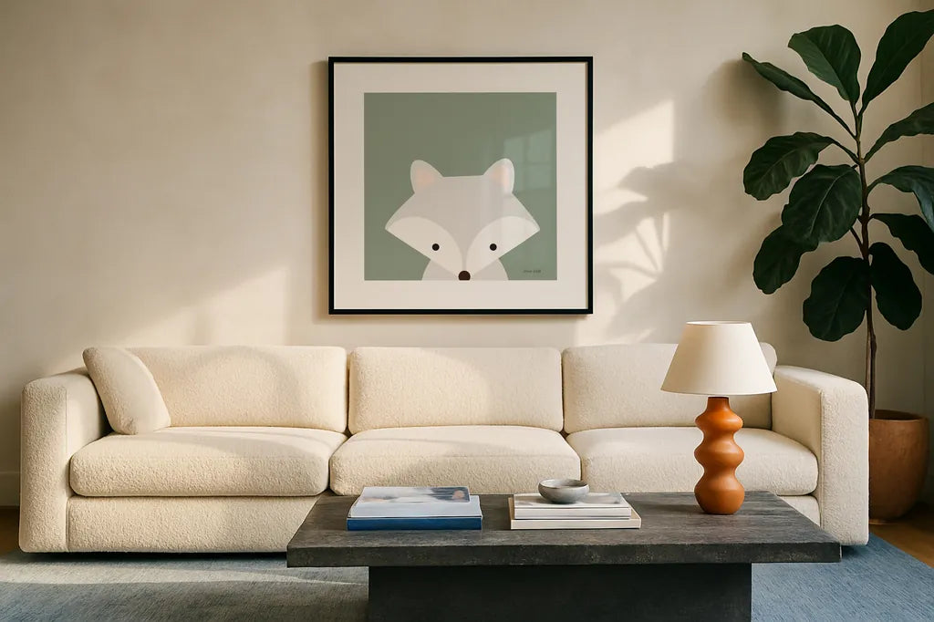 Cuddly Fox Sage by Ann Kelle. Displayed in a glass frame with matte in a clean modern living room. Available as an archival giclee rolled canvas, fine art paper, or poster print. SKU 62026a.