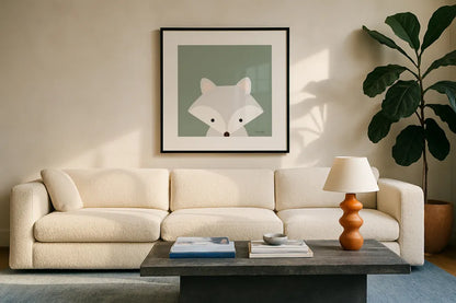 Cuddly Fox Sage by Ann Kelle. Displayed in a glass frame with matte in a clean modern living room. Available as an archival giclee rolled canvas, fine art paper, or poster print. SKU 62026a.