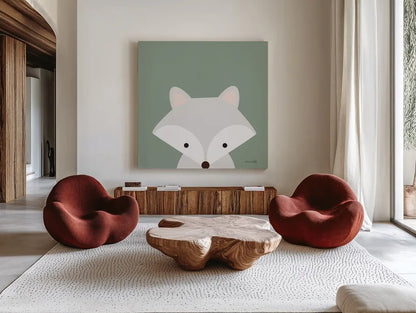 Cuddly Fox Sage by Ann Kelle. Shown as extra-large giant wall art in a modern living room. Available as an archival giclee rolled canvas, fine art paper, or poster print. SKU 62026a.