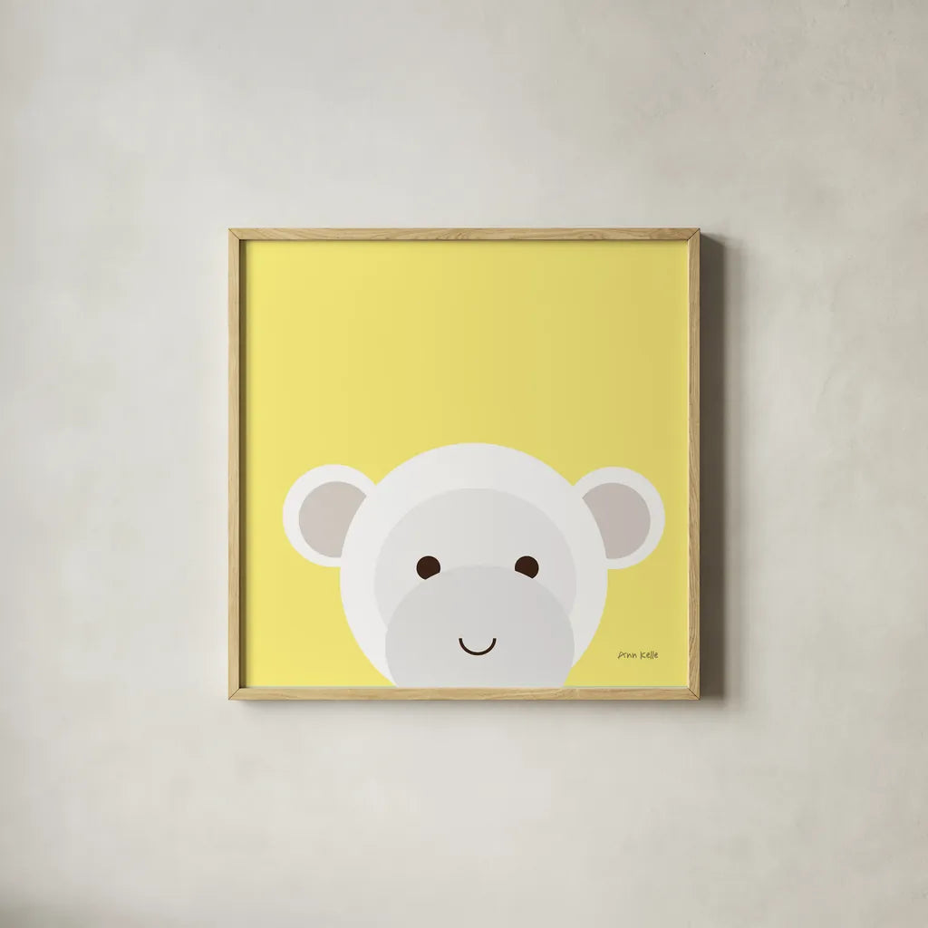 Cuddly Monkey by Ann Kelle. Shown in a natural wood glass frame for a timeless modern aesthetic. Available as an archival giclee rolled canvas, fine art paper, or poster print. SKU 55593a.