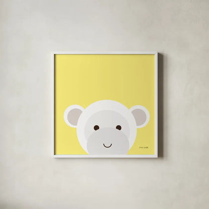 Cuddly Monkey by Ann Kelle. Shown in a crisp white glass frame for a clean and minimalist style. Available as an archival giclee rolled canvas, fine art paper, or poster print. SKU 55593a.