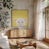 Cuddly Monkey by Ann Kelle. Shown in a natural wood frame in a cozy modern living room. Available as an archival giclee rolled canvas, fine art paper, or poster print. SKU 55593a.