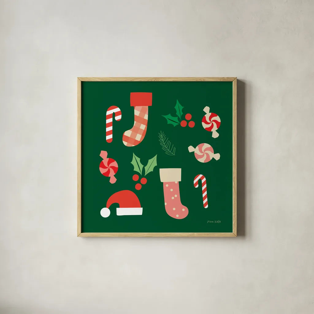 Festive by Ann Kelle. Shown in a natural wood glass frame for a timeless modern aesthetic. Available as an archival giclee rolled canvas, fine art paper, or poster print. SKU 81230a.