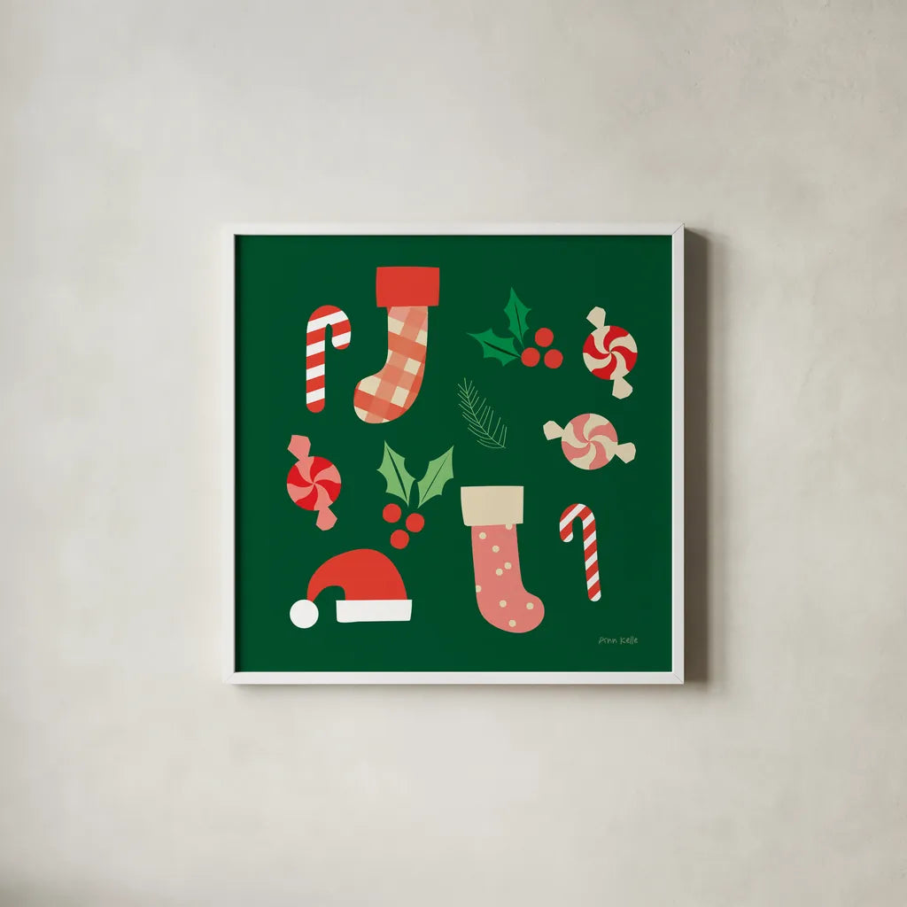 Festive by Ann Kelle. Shown in a crisp white glass frame for a clean and minimalist style. Available as an archival giclee rolled canvas, fine art paper, or poster print. SKU 81230a.