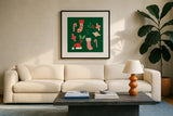 Festive by Ann Kelle. Displayed in a glass frame with matte in a clean modern living room. Available as an archival giclee rolled canvas, fine art paper, or poster print. SKU 81230a.