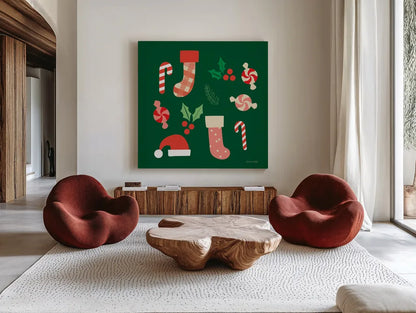 Festive by Ann Kelle. Shown as extra-large giant wall art in a modern living room. Available as an archival giclee rolled canvas, fine art paper, or poster print. SKU 81230a.