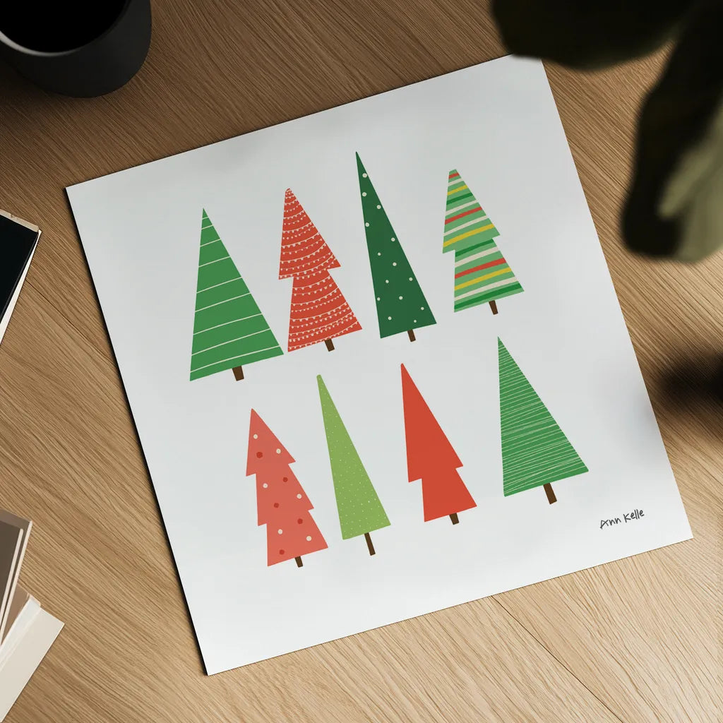 Festive Trees by Ann Kelle. Shown as a detailed flat fine art print, highlighting archival giclee quality. Available as an archival giclee rolled canvas, fine art paper, or poster print. SKU 81231a.