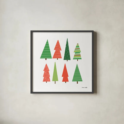 Festive Trees by Ann Kelle. Shown in a sleek black glass frame for a contemporary gallery look. Available as an archival giclee rolled canvas, fine art paper, or poster print. SKU 81231a.