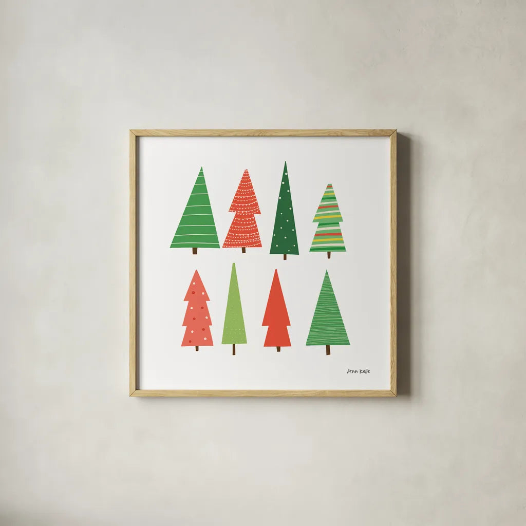 Festive Trees by Ann Kelle. Shown in a natural wood glass frame for a timeless modern aesthetic. Available as an archival giclee rolled canvas, fine art paper, or poster print. SKU 81231a.