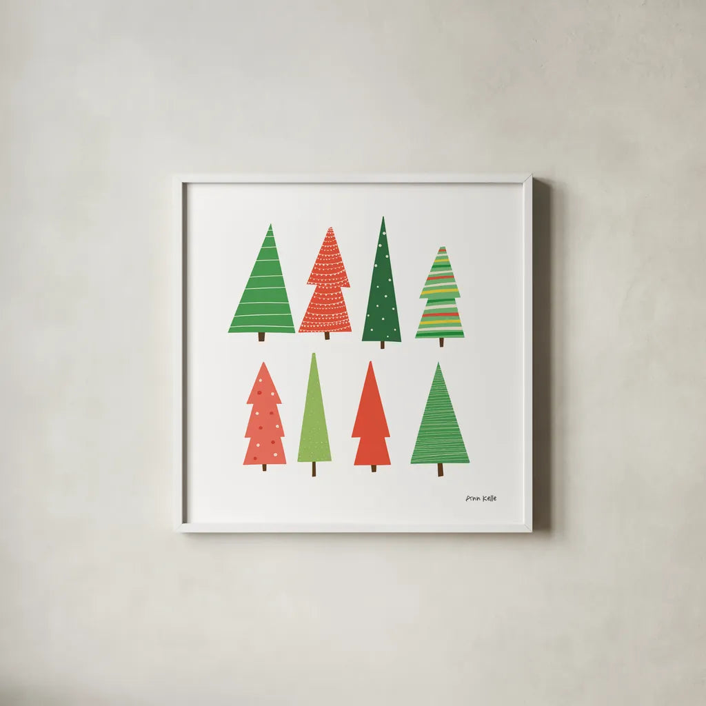 Festive Trees by Ann Kelle. Shown in a crisp white glass frame for a clean and minimalist style. Available as an archival giclee rolled canvas, fine art paper, or poster print. SKU 81231a.
